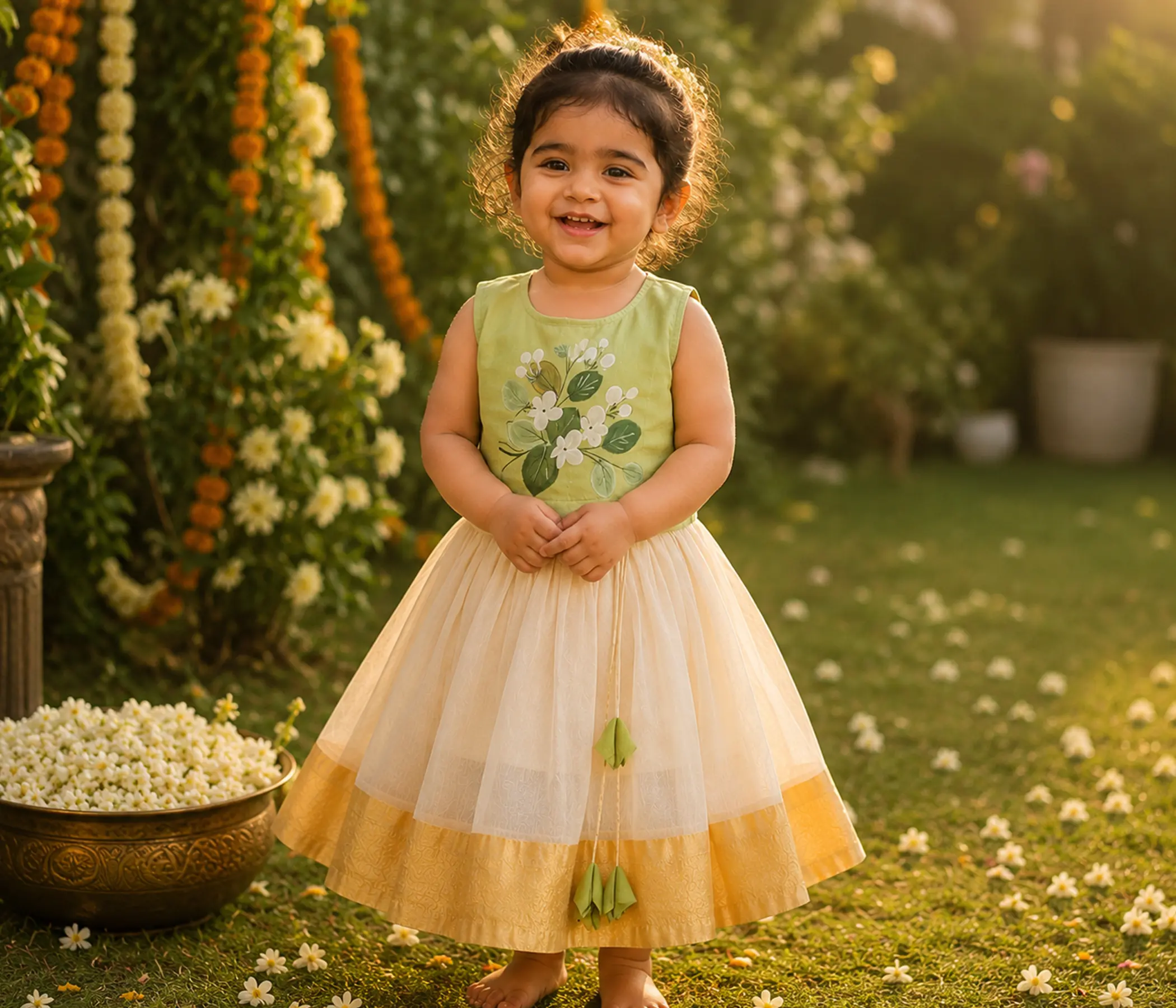 Girls Formal Dresses – Olive Green Hand-Painted Lehenga Choli for Girls